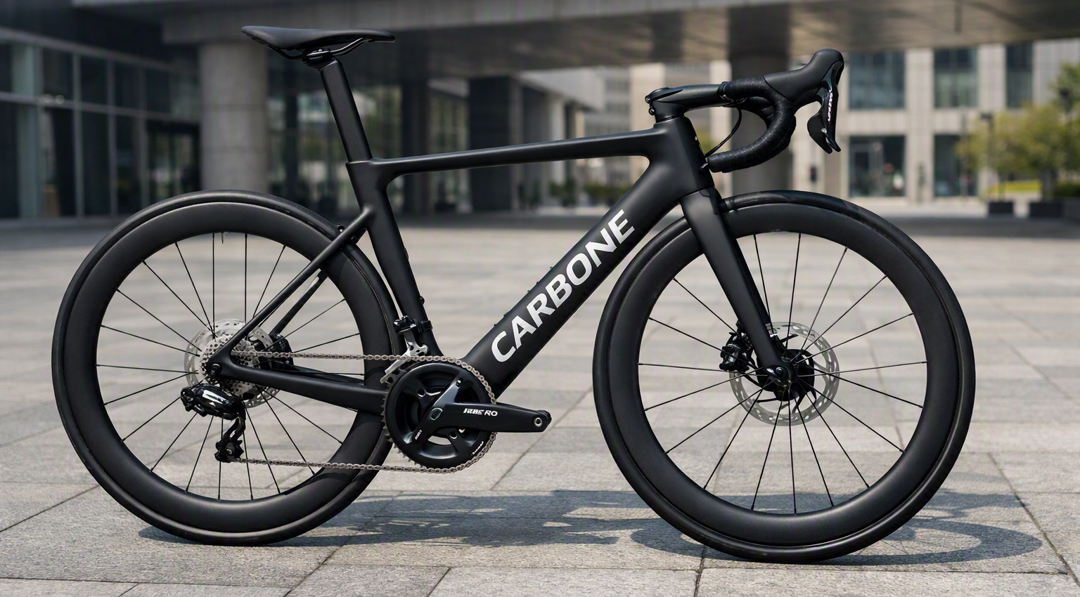 Carbone Aero black road bicycle outdoors in an urban setting